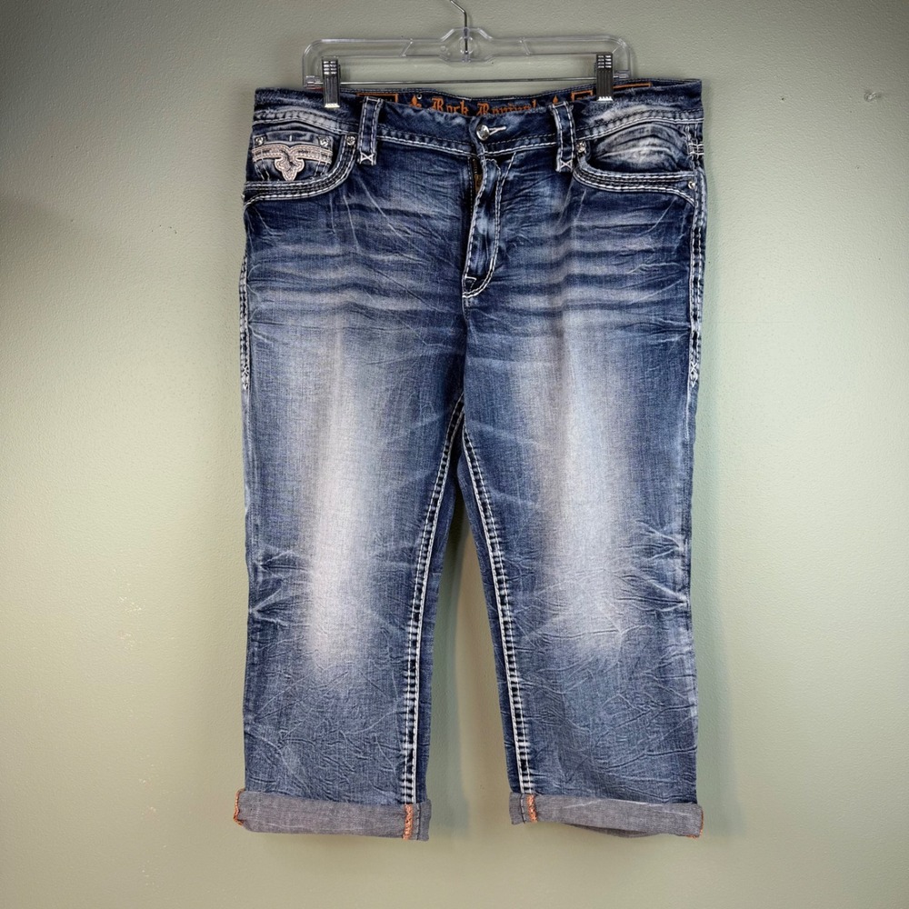Rock Revival Distressed Mid-Blue Cropped Jeans with Embellished Pockets - Picture 2 of 11